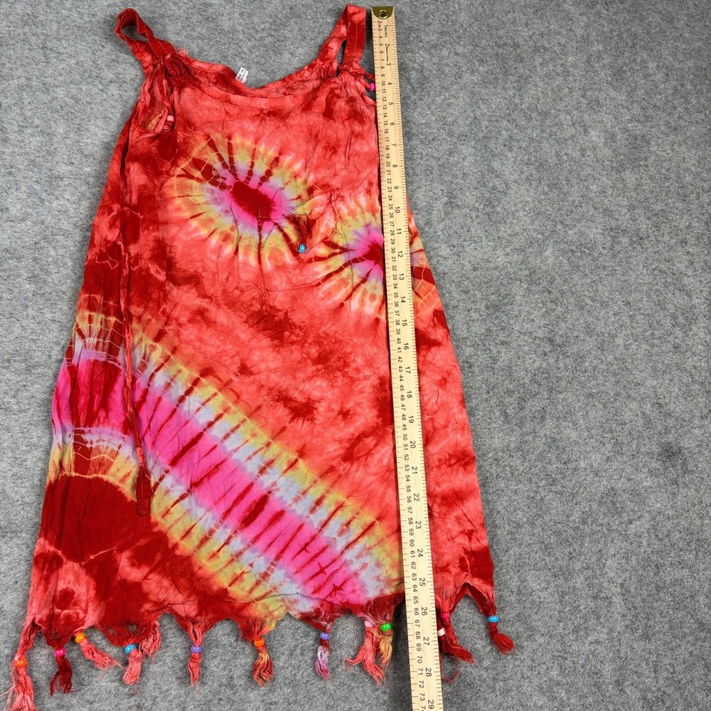 Unbranded Tie Dye Tassel Beaded Dress Womens Size 3 Red Boho Hippie Summer - Picture 10 of 12